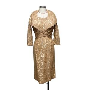 Vintage Womens Homemade Tan Lace Short Sleeve Dress Bolero Jacket Set